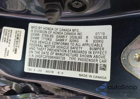 2019 Honda Civic Lx z USA, uszkodzony, nr VIN 2HGFC2F69KH583726